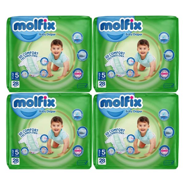 پوشک بچه سایز 5 خیلی بزرگ ( 11 تا 25 کیلوگرم ) مولفیکس 28 عددی ( 4 عدد )